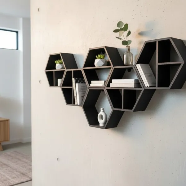 Modular hexagonal shelf set