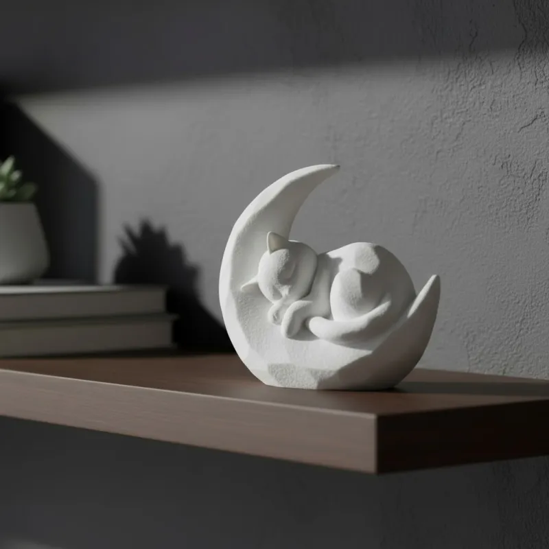 Sleeping Kitten on a Crescent Moon Sculpture