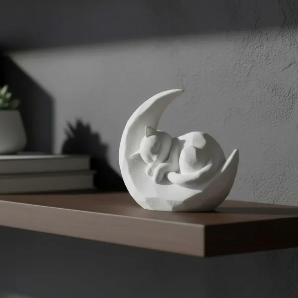 Sleeping Kitten on a Crescent Moon Sculpture