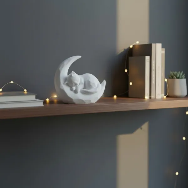 Sleeping Kitten on a Crescent Moon Sculpture