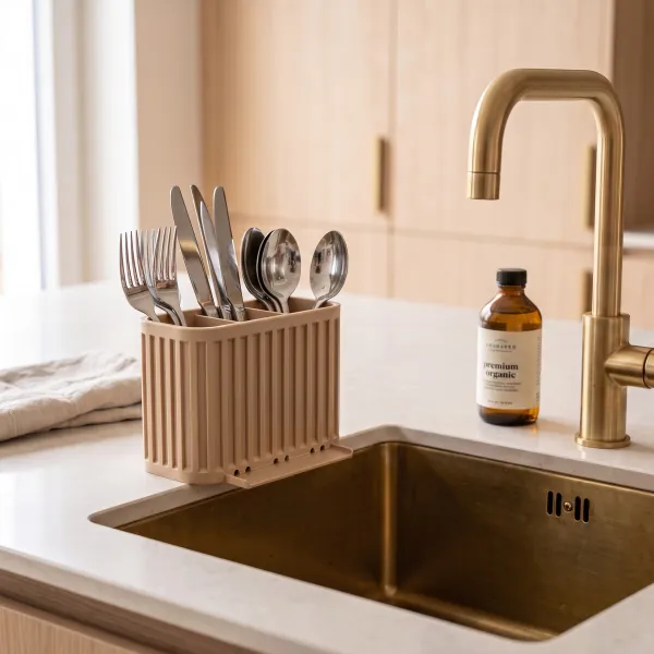 Japandi cutlery drainer with three compartments