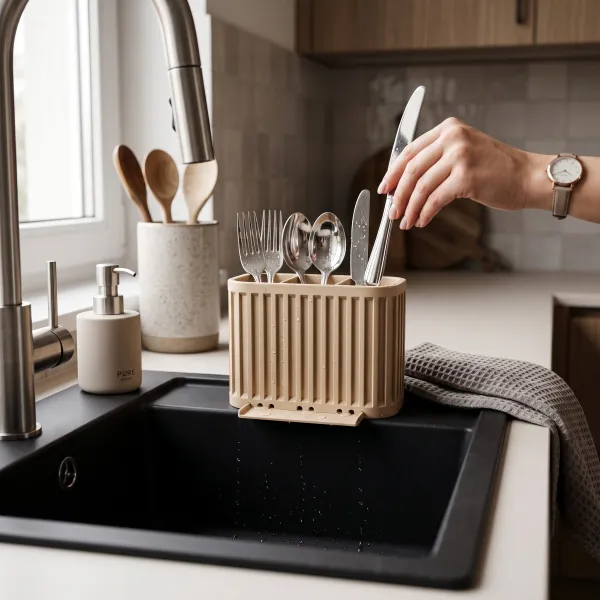 Japandi cutlery drainer with three compartments
