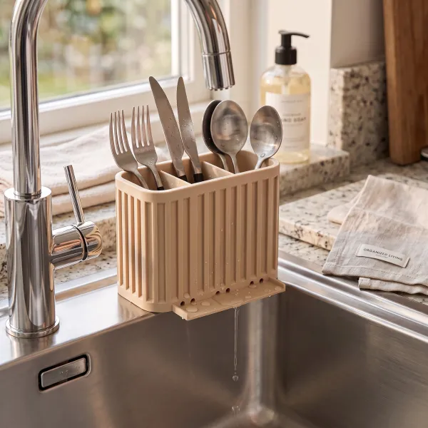 Japandi cutlery drainer with three compartments