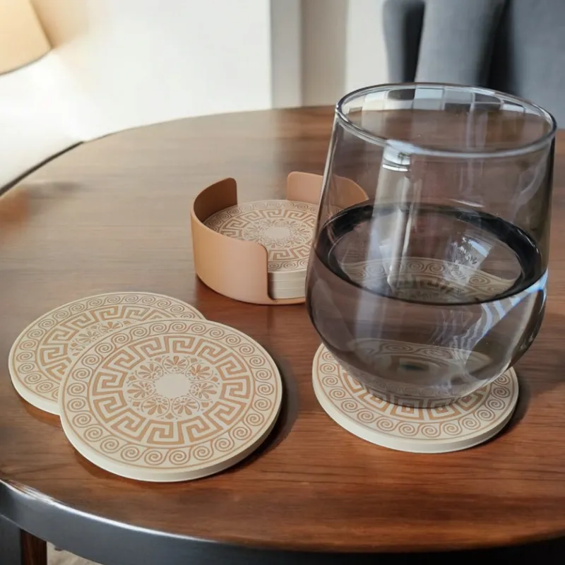 Greek Motif Coaster Set with Holder