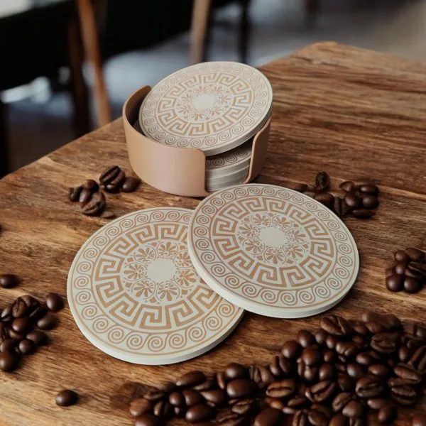 Greek Motif Coaster Set with Holder