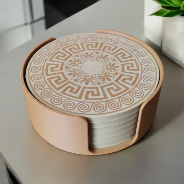 Greek Motif Coaster Set with Holder