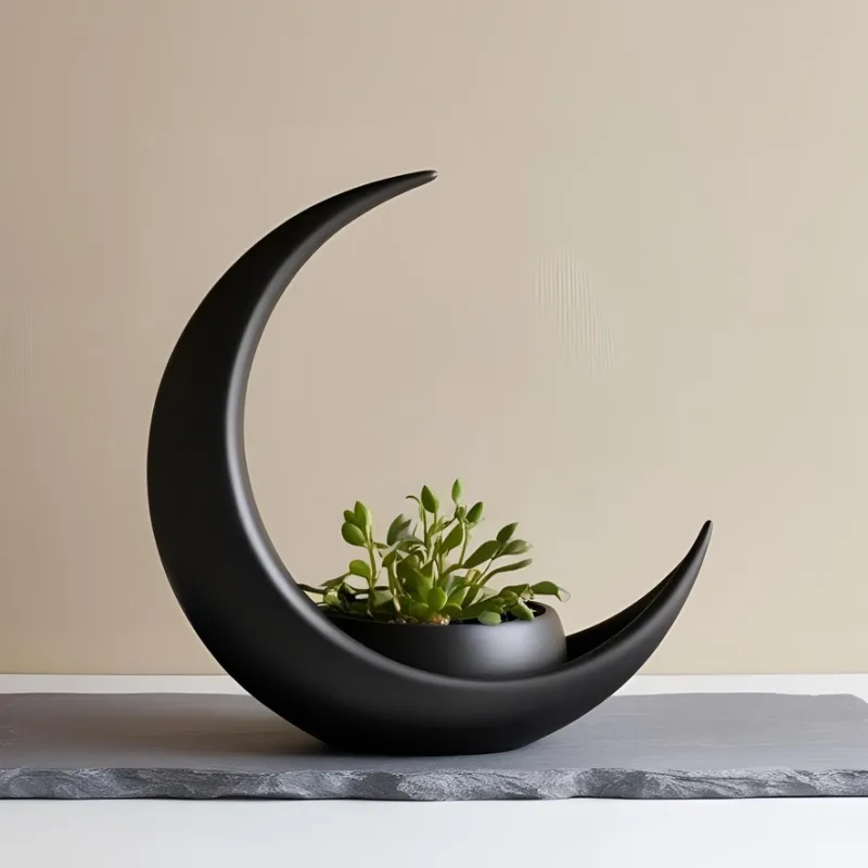 Crescent Moon Decoration with Elliptical Plant Pot