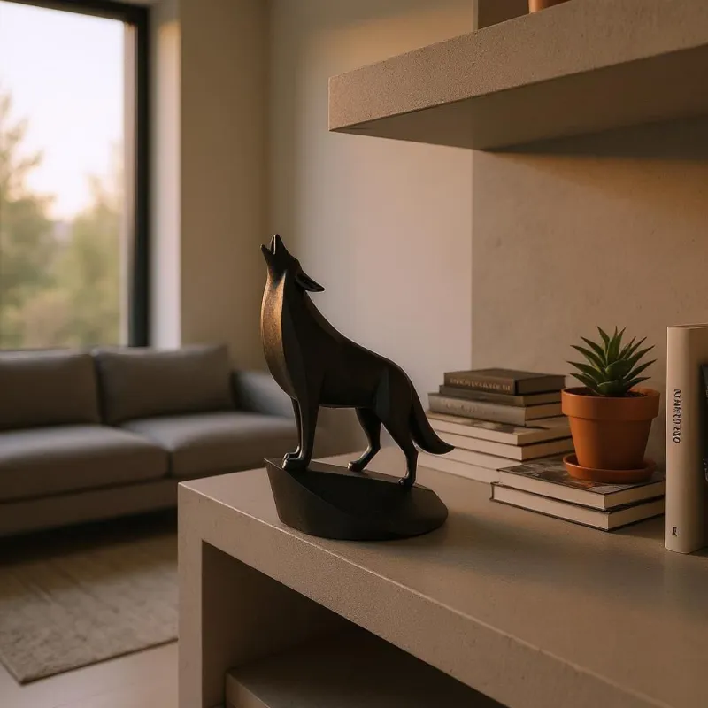 Wolf Sculpture on Pedestal, Head Raised in a Howl