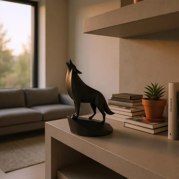 Wolf Sculpture on Pedestal, Head Raised in a Howl