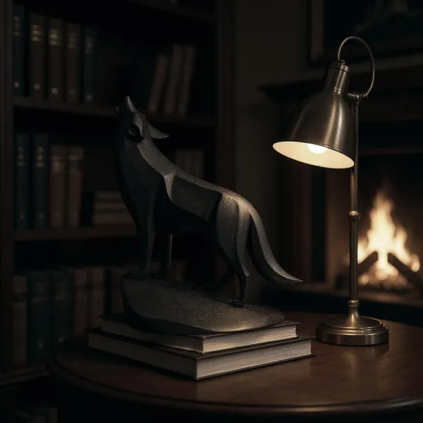 Wolf Sculpture on Pedestal, Head Raised in a Howl
