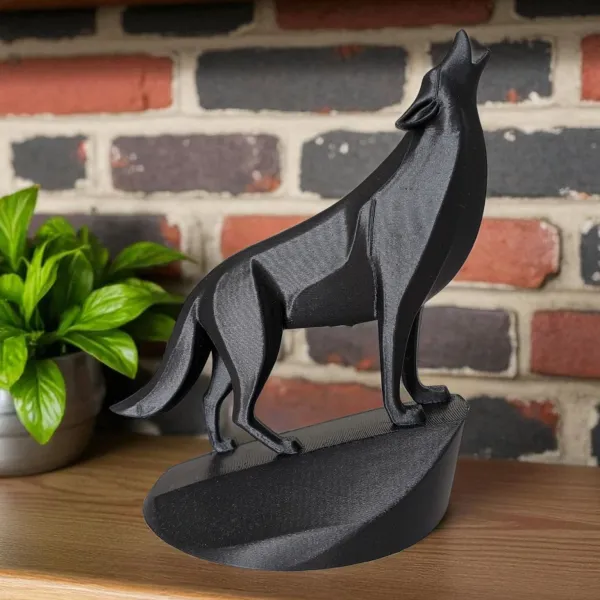 Wolf Sculpture on Pedestal, Head Raised in a Howl