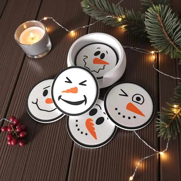 Snowman Face Coasters with Holder, Set of Six