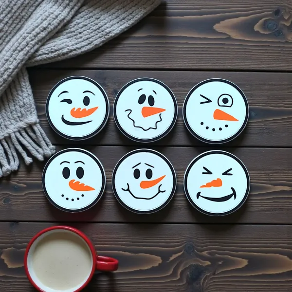 Snowman Face Coasters with Holder, Set of Six