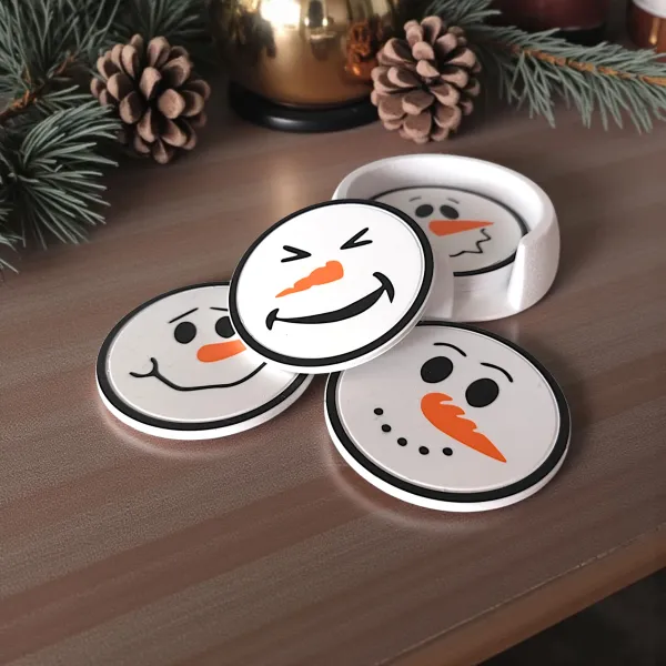 Snowman Face Coasters with Holder, Set of Six