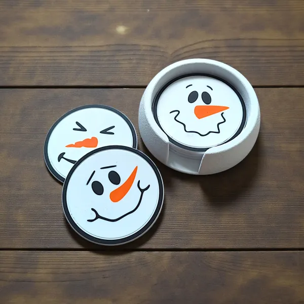 Snowman Face Coasters with Holder, Set of Six
